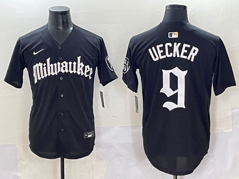 Men 2025 Milwaukee Brewers #9 Uecker Black Five generations Joint Name Nike MLB Jersey style 1